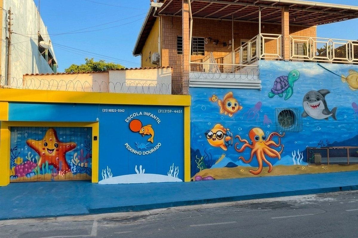 Fachada da Escola Infantil Peixinho Dourado, na Rua Tupis, em Betim, com mural do fundo do mar